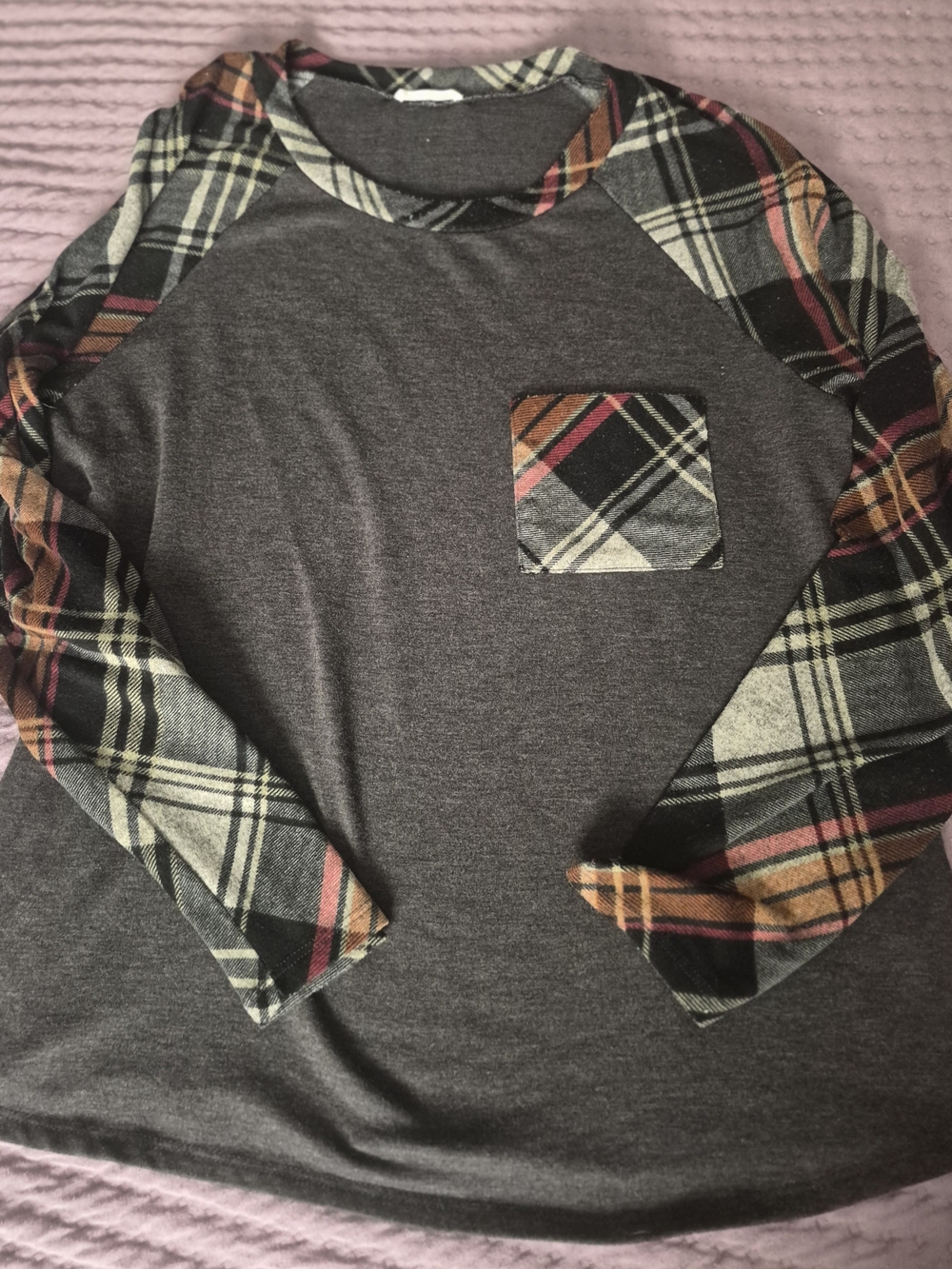 Chic Soul Plaid Sleeve Long Raglan Top in Gray